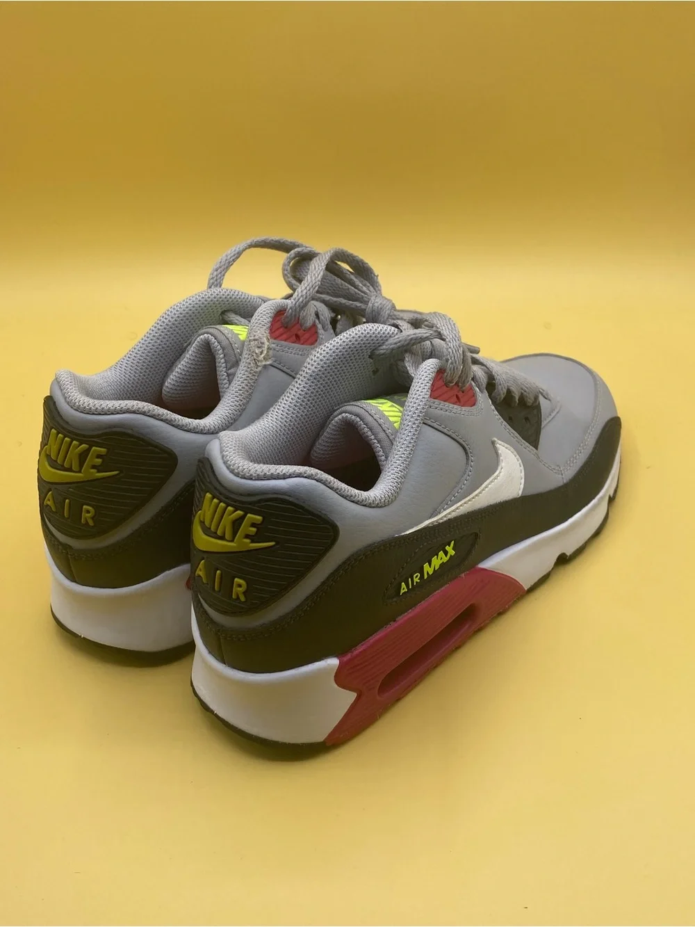 Nike Air Max 90 Wolf Grey, Rush Pink, and Volt